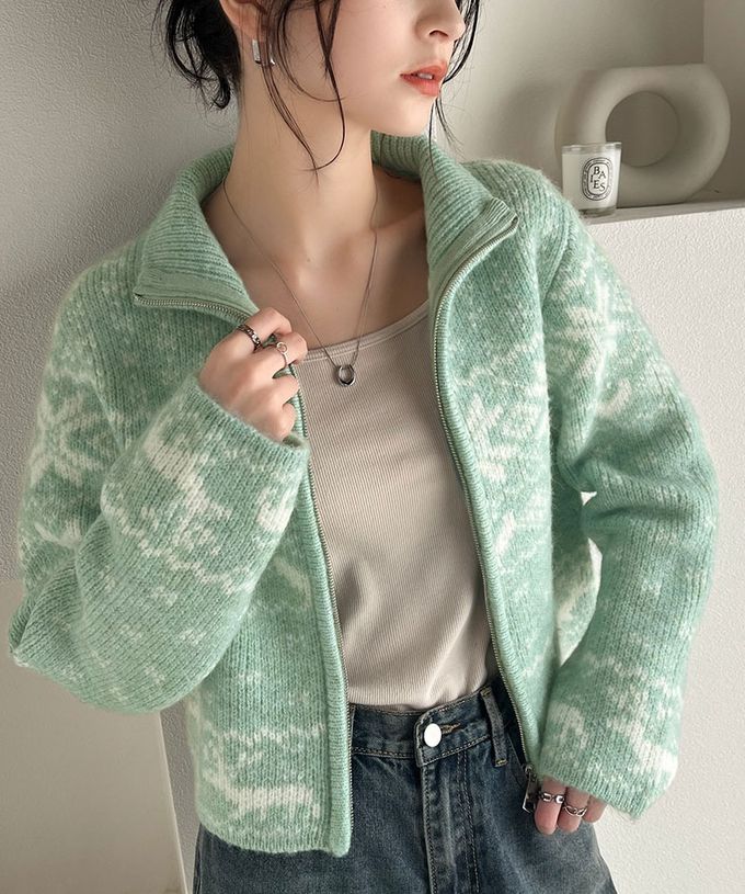 日本 Classical Elf - mily bilet 北歐雪花氛圍短版針織外套-米x藍