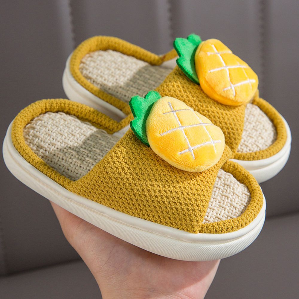 兒童款亞麻室內拖鞋-立體水果-黃色