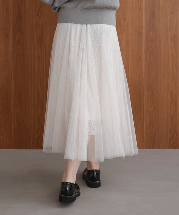 日本 Bab - 華麗優雅層次緹花鬆緊紗裙-質感黑