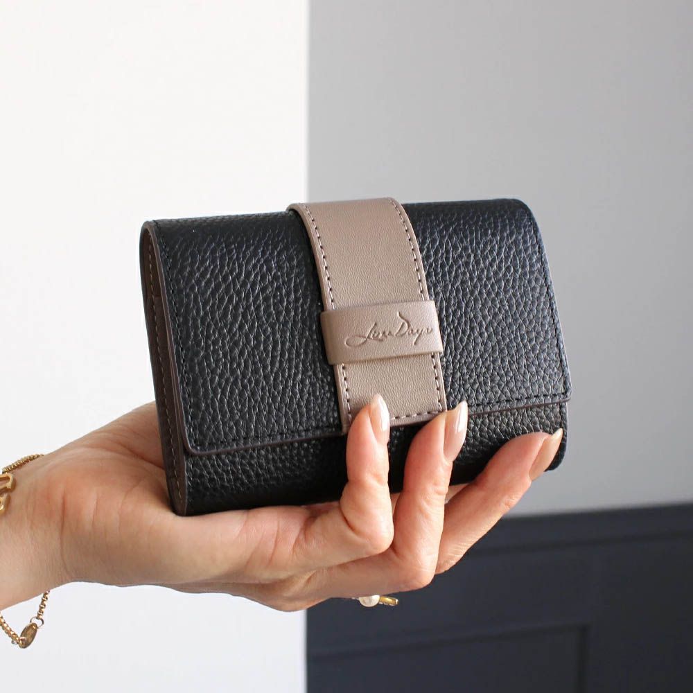 真皮迷你三折配色風琴短夾-黑x卡其