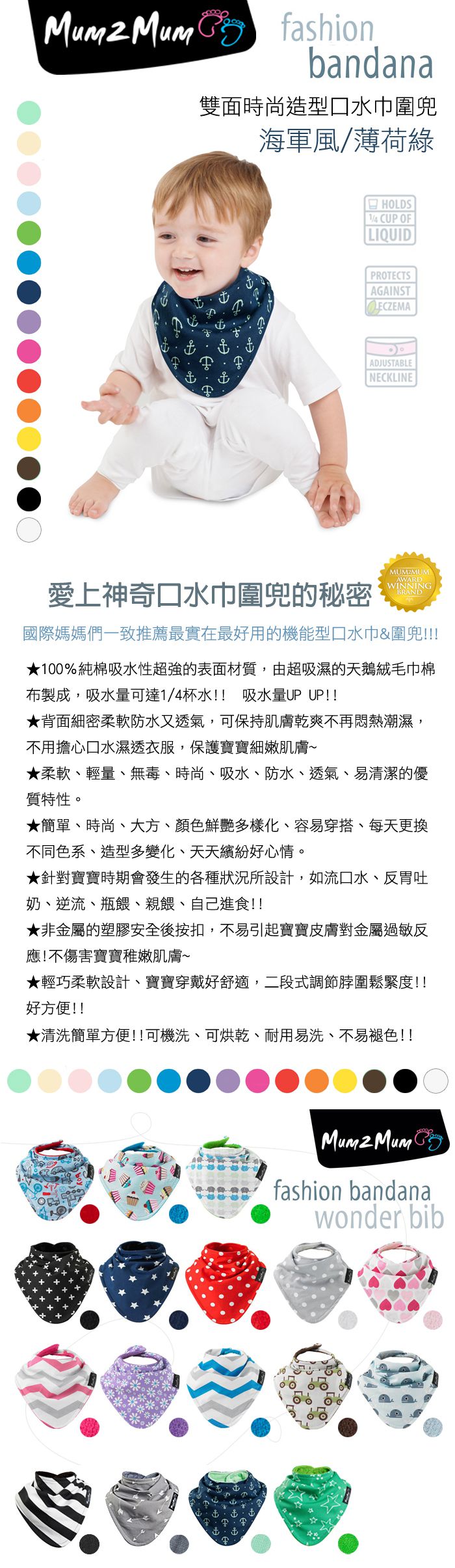 Mum 2 Mum - 雙面時尚造型口水巾圍兜-海軍風/薄荷綠