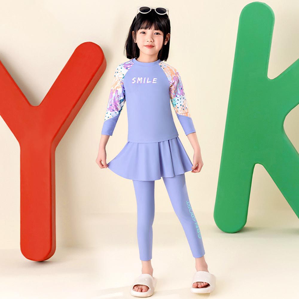 YUKE - 女寶長袖防曬泳裝套裝-夏日印花-紫色