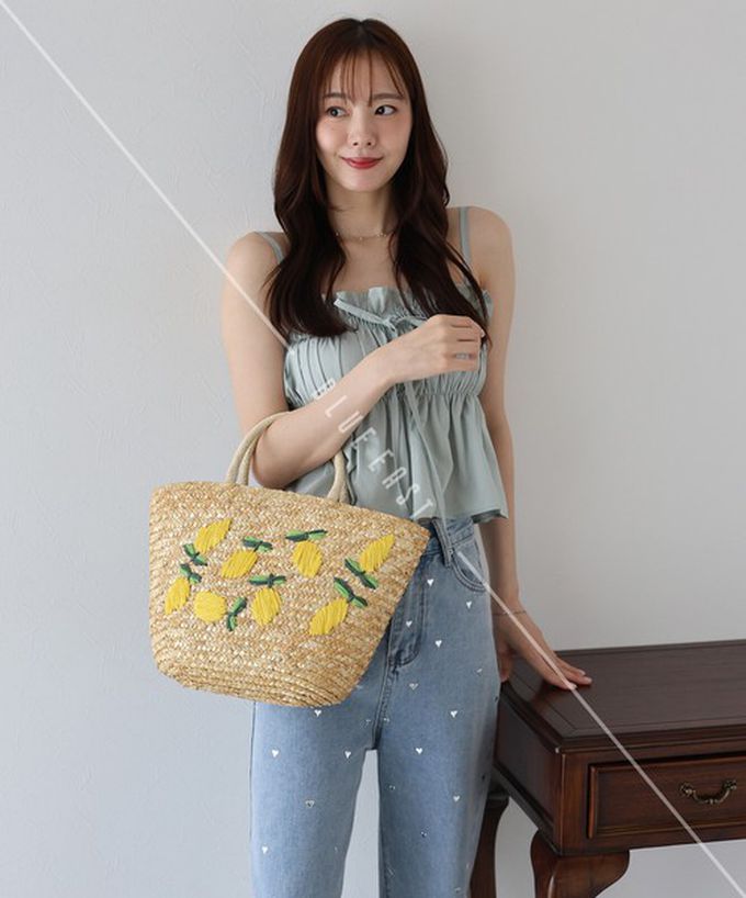 日本 BLUE EAST - 可愛水果刺繡夏日草編手提包-檸檬