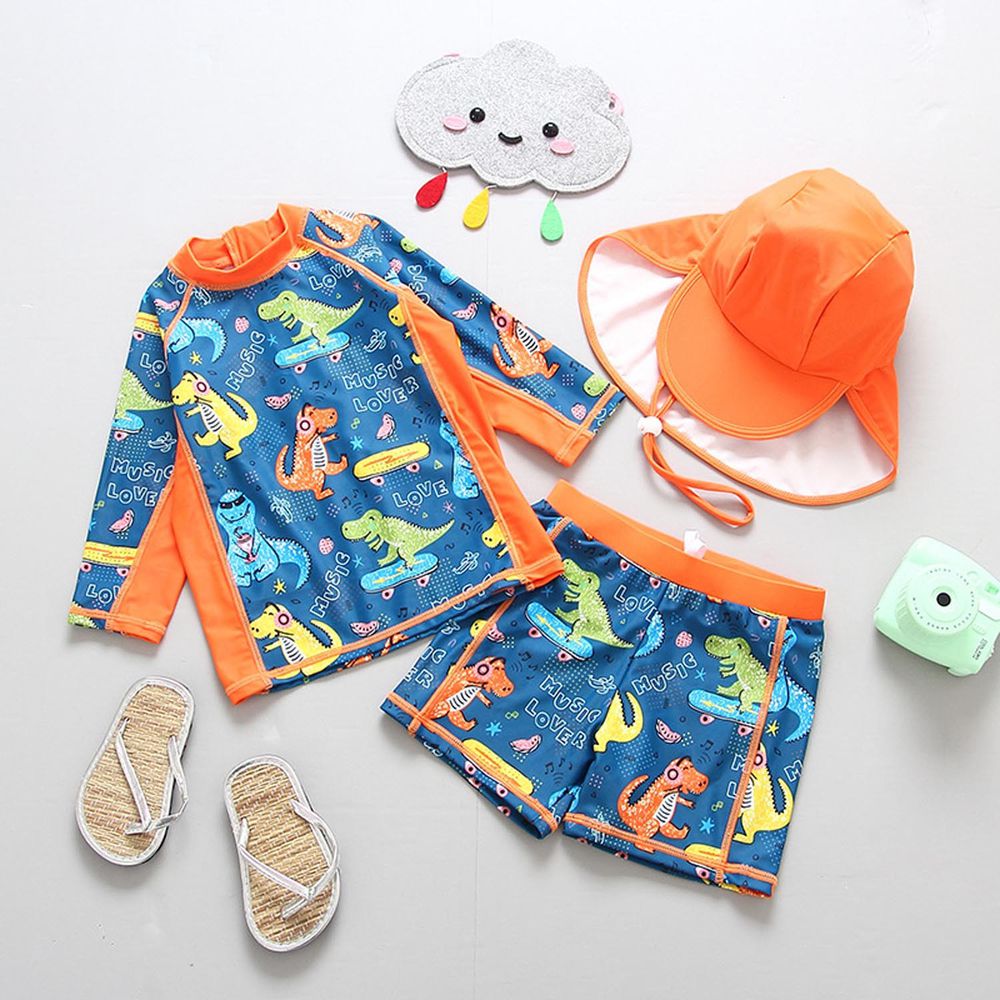 男寶長袖泳裝套裝(附帽子)-滑板恐龍-深藍+橘