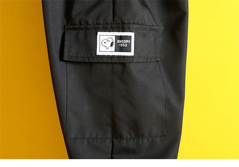 卡通人物史努比帥氣工裝長袖套裝(三件組)-黑色-背心+上衣+長褲