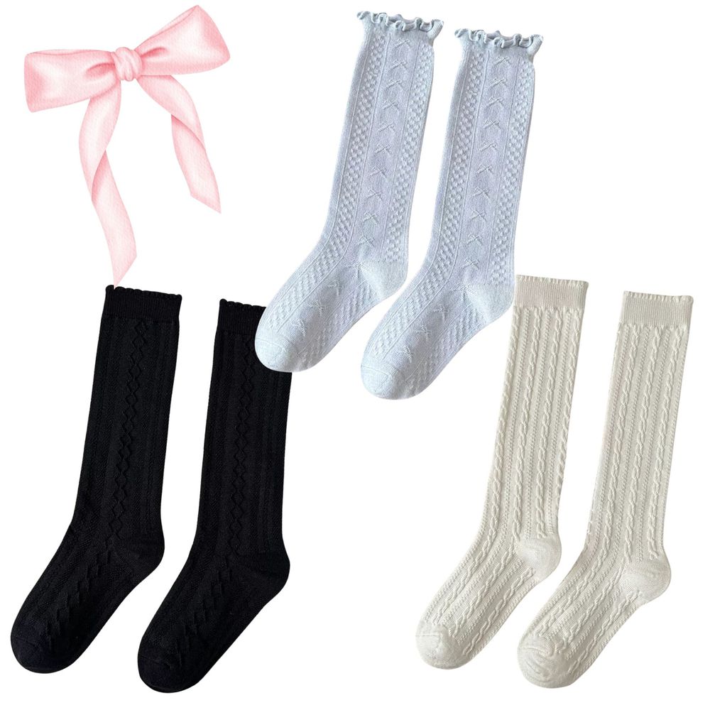 英倫系波浪邊立體織紋膝下長統棉襪-霧霾藍、經典黑、百搭白-3 雙一組