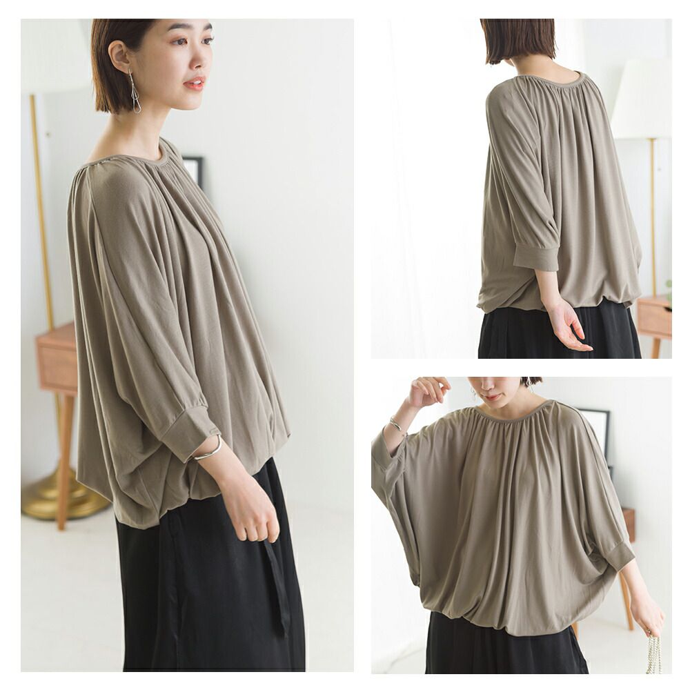 日本 OMNES - 圓領抓皺落肩短袖上衣-黑