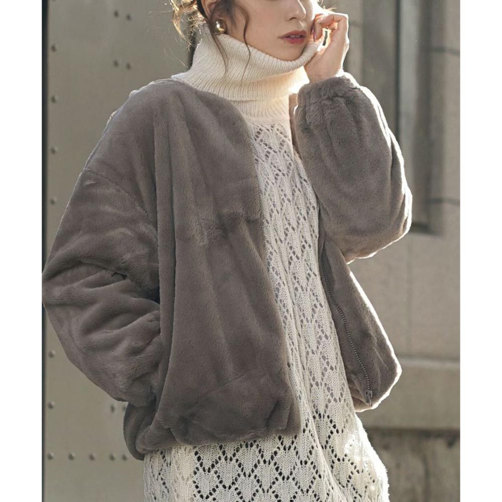 日本 zootie - 優雅時尚毛絨保暖外套-灰棕
