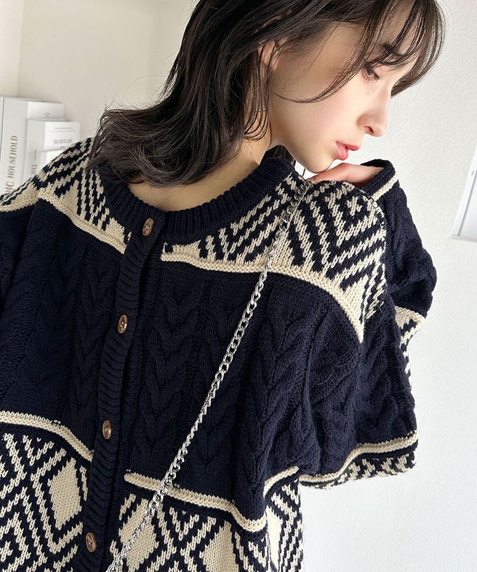 日本 Classical Elf - mily bilet 復古風北歐圖騰2way針織毛衣-藍