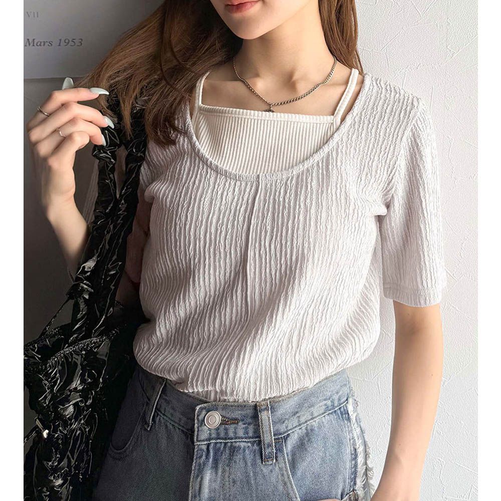 前後2way優雅紋理短袖上衣-淺灰