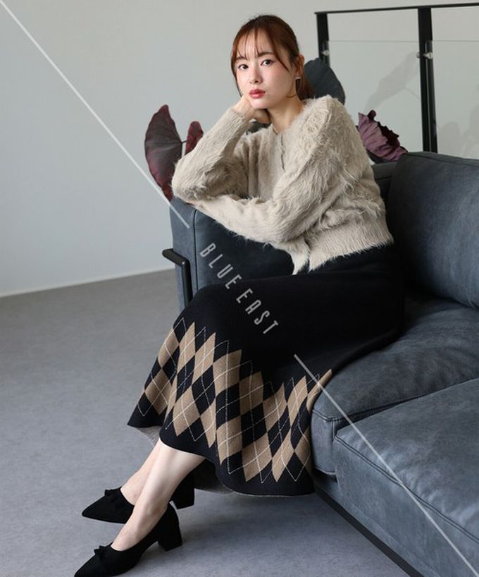 日本 BLUE EAST - 氣質女伶全腰鬆緊皺摺長裙-菱格-黑 (M)