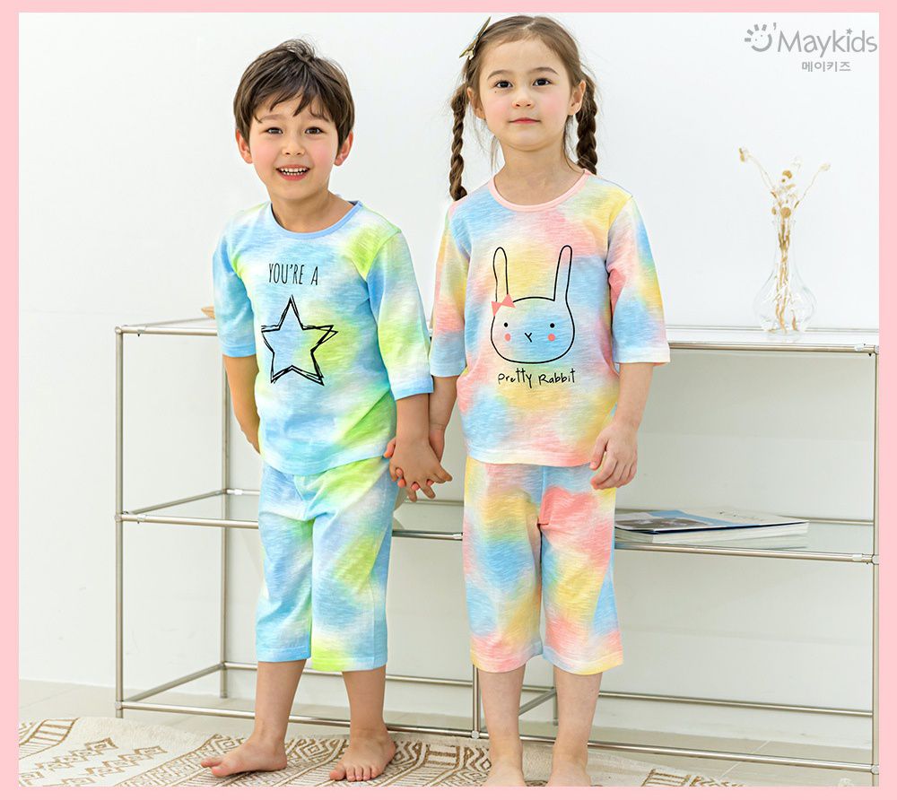 韓國 Maykids - 有機棉細柔七分袖家居服-絢彩小兔