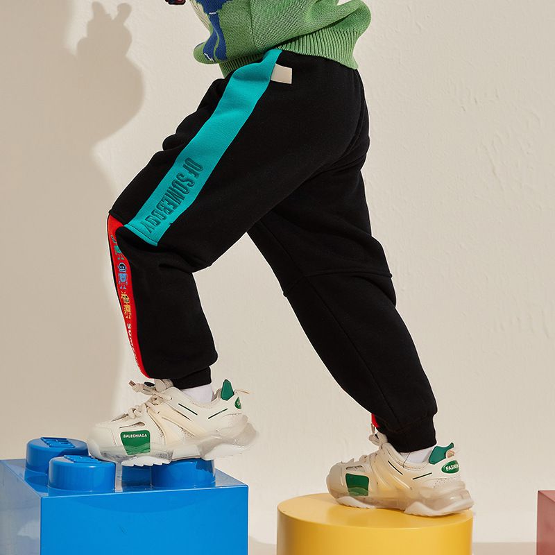 薄絨腰鬆緊休閒保暖束口長褲-繽紛機器人-灰色