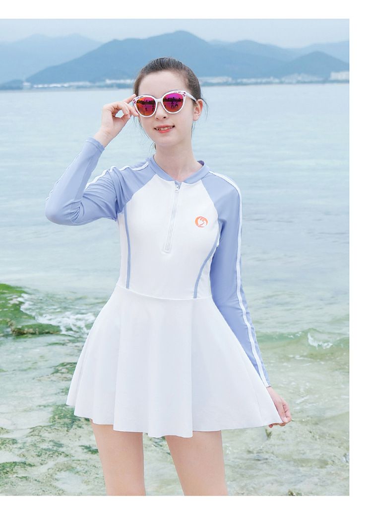 大童女孩運動風長袖連身裙泳衣-拼色款-藍+白