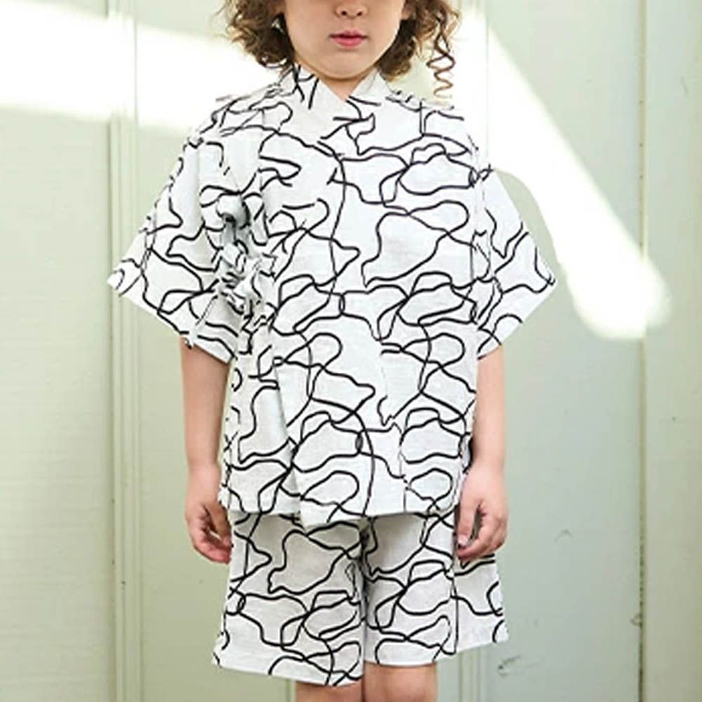 100%棉 夏季甚平套裝-線條-白