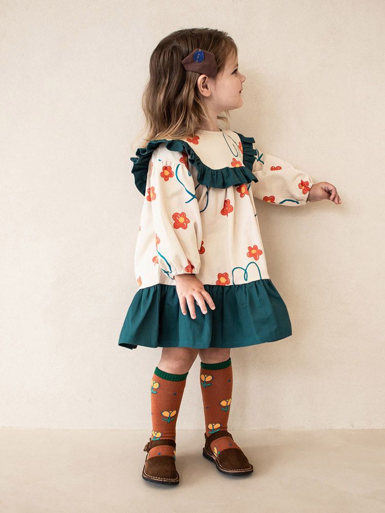 韓國Pimpollo - 微笑花朵荷葉邊洋裝-橘