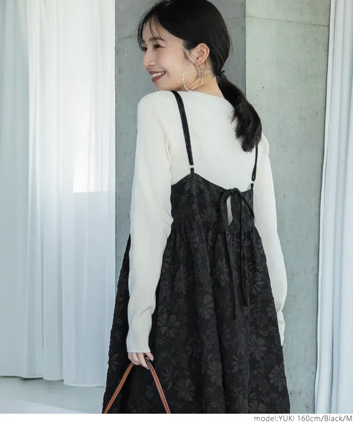 日本 COCA - 浪漫緹花平口吊帶裙-黑