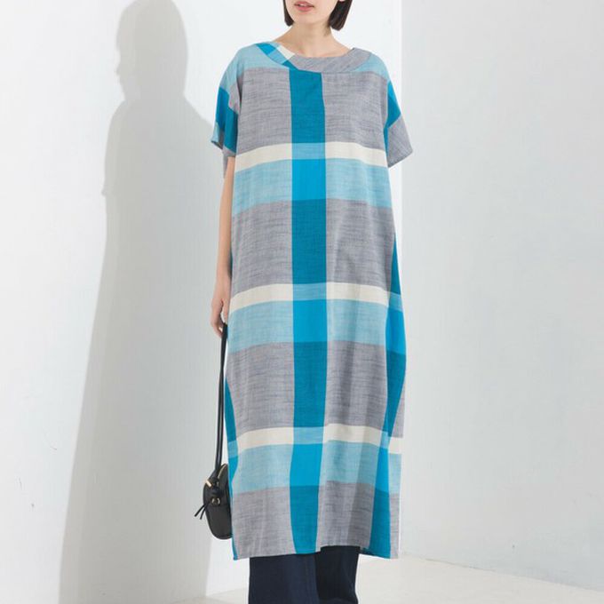 日本 OMNES - 100%印度棉 清爽格紋短袖洋裝-黑白