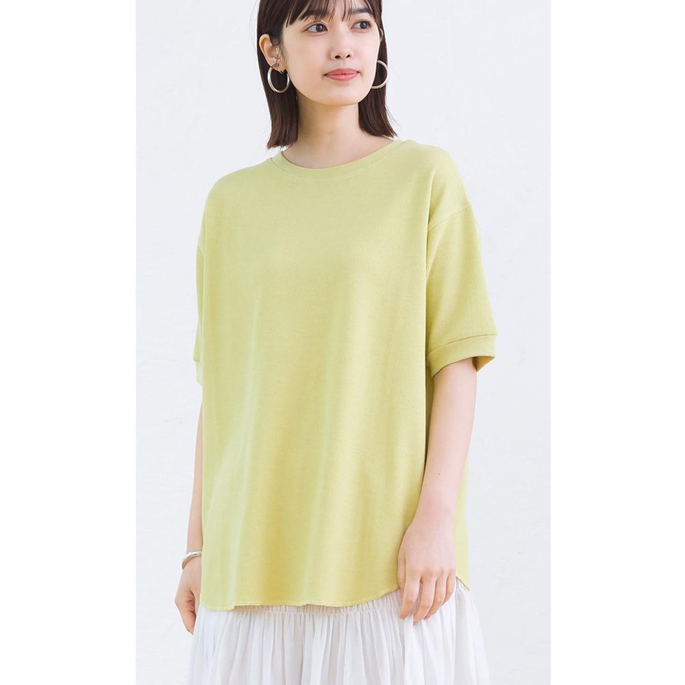 日本 OMNES - 舒適鬆餅紋落肩短袖上衣-黃