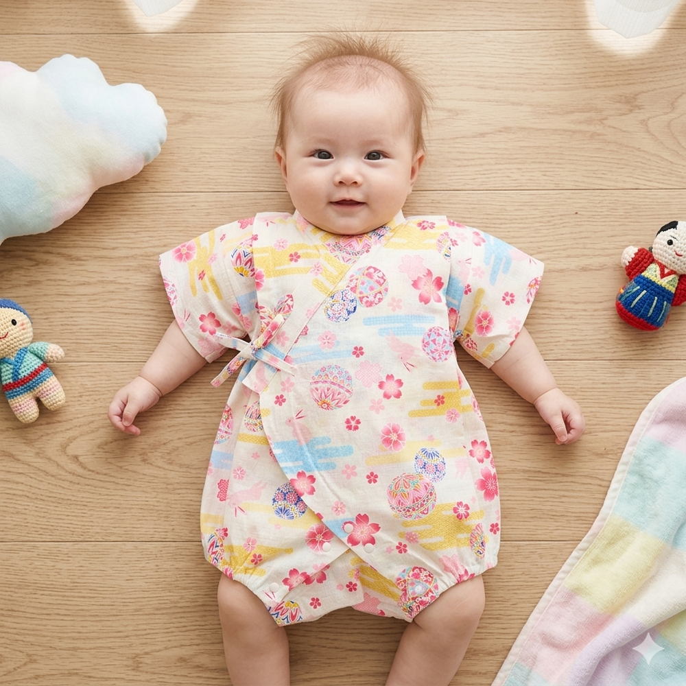 甚平包屁衣-兔子鞠球圖案-米白色