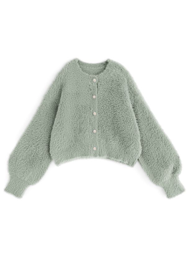 日本 GRL - 花朵珍珠釦毛絨外套-奶茶灰 (F)