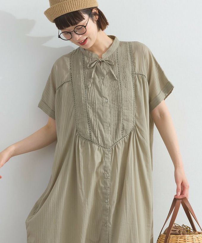 日本 Lupilien - 100%印度棉 細緻鏤空蝴蝶結短袖洋裝-卡其棕