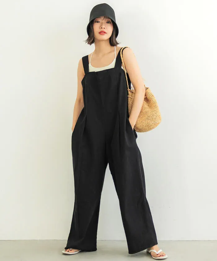 日本 COCA - 棉混厚磅工裝感吊帶褲-黑