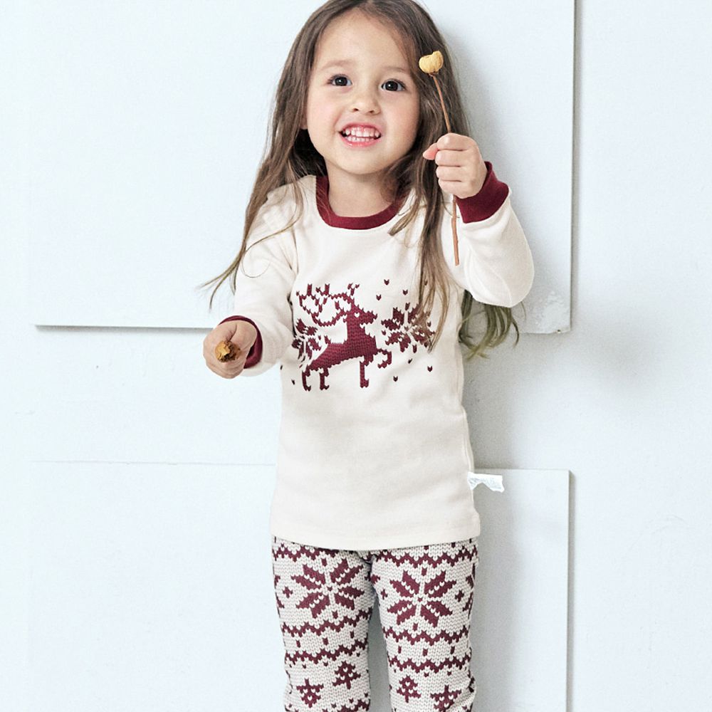 親膚舒絨棉彈性長袖家居服-雪花馴鹿-米X酒紅