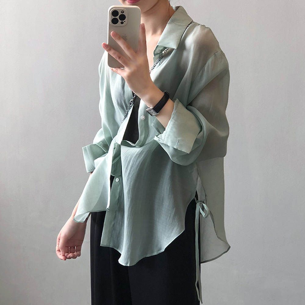 透膚感薄長袖襯衫-側開衩綁帶-湖綠色