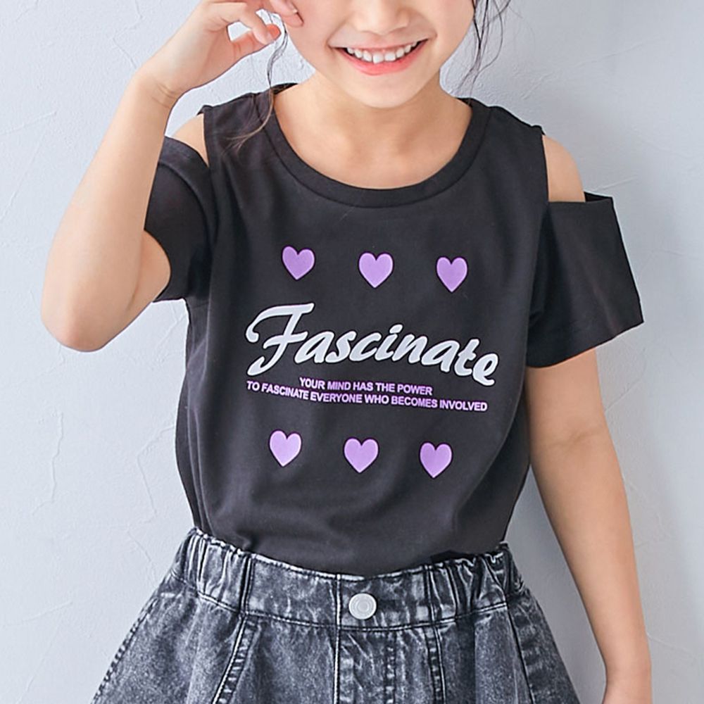 女孩運動風設計款短袖T恤-肩開口-黑