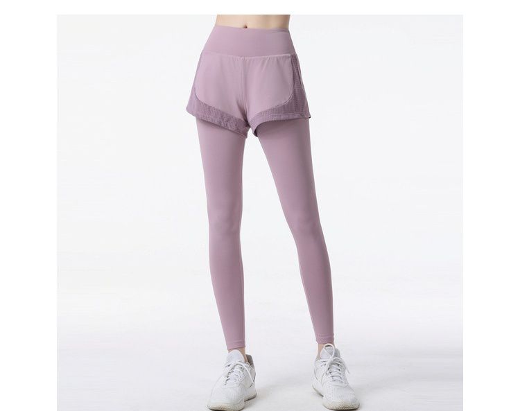 大碼高腰假兩件防走光瑜珈褲-黑色