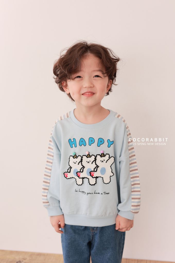 韓國 Coco rabbit - 跳舞小熊橫紋配色長袖上衣-天空藍