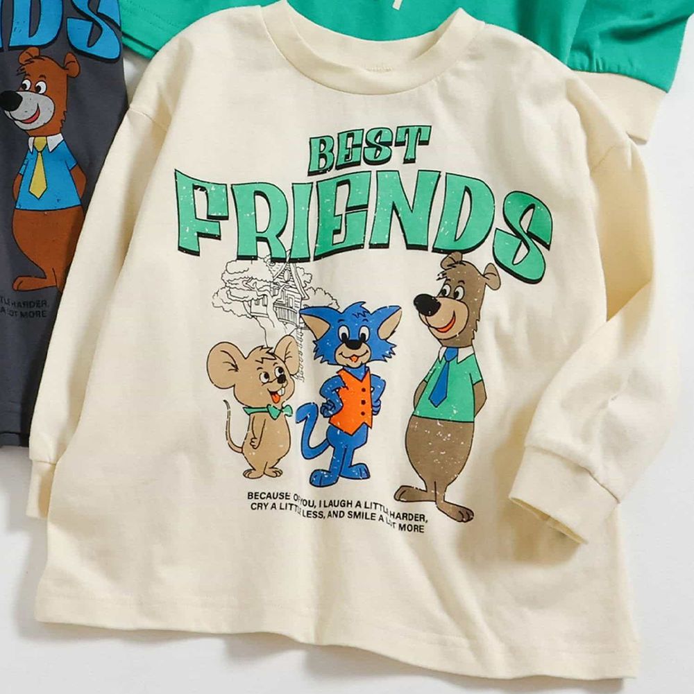 復古風動物好朋友長袖上衣-老鼠貓與熊-米白