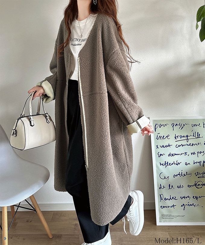 日本 Classical Elf - 溫暖毛呢休閒感無領長版外套-摩卡