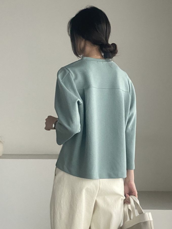 韓國女裝連線 - 設計感抓褶拼接八分袖上衣-藍綠 (FREE)