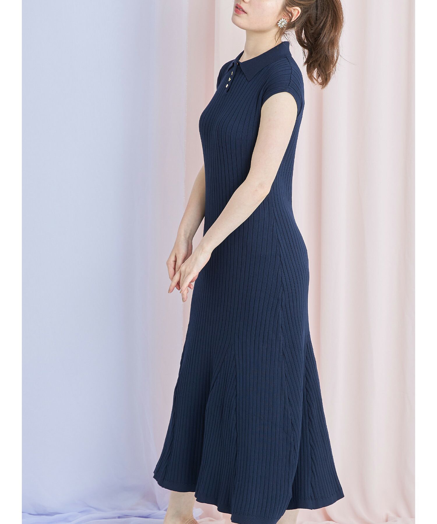 日本 tocco-closet - 直羅紋翻領修身洋裝-海軍藍