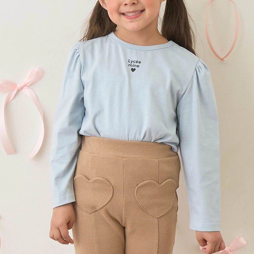 100%棉 前後兩穿荷葉邊長袖上衣-淺灰藍