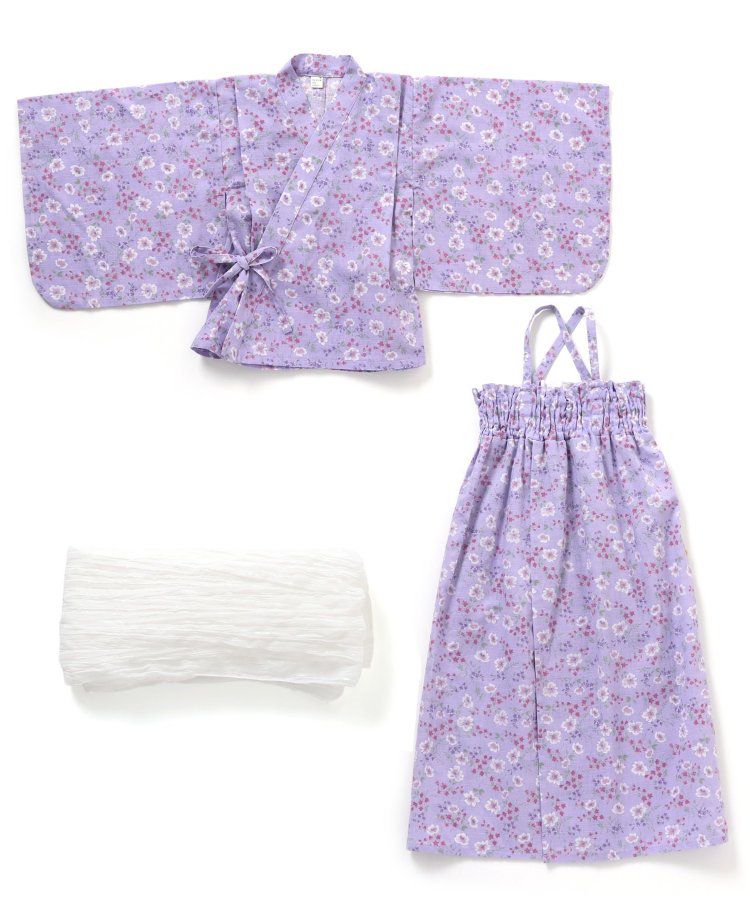 日本 apres les cours - 華麗腰帶風純棉二件式浴衣-椿花-紅藍條紋