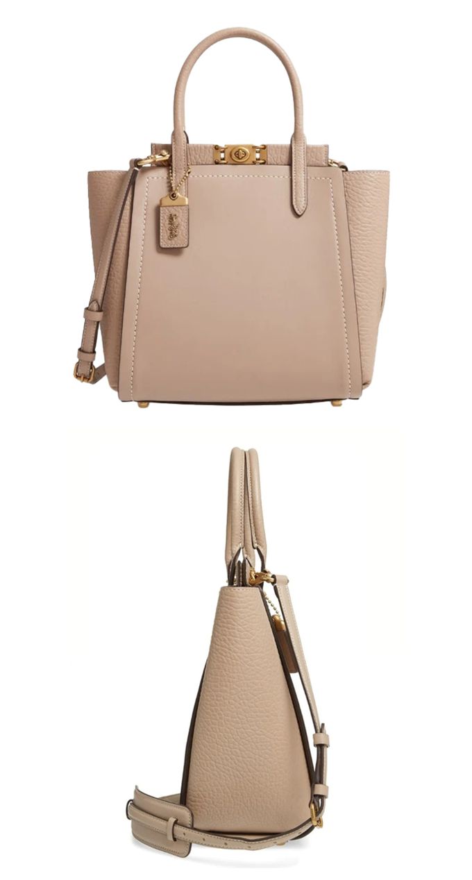 COACH - 素面皮革造形肩背包 (奶茶灰)