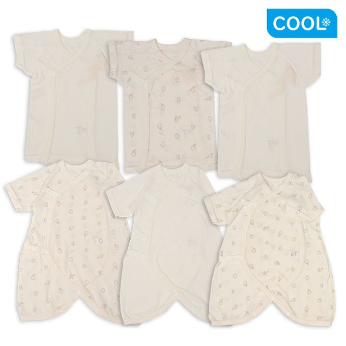akachan honpo - 新生兒內衣6件組-按扣款 網眼 短袖 7分袖-米白色 (短袖肚衣:50cm  7分袖蝴蝶裝:50~60cm)