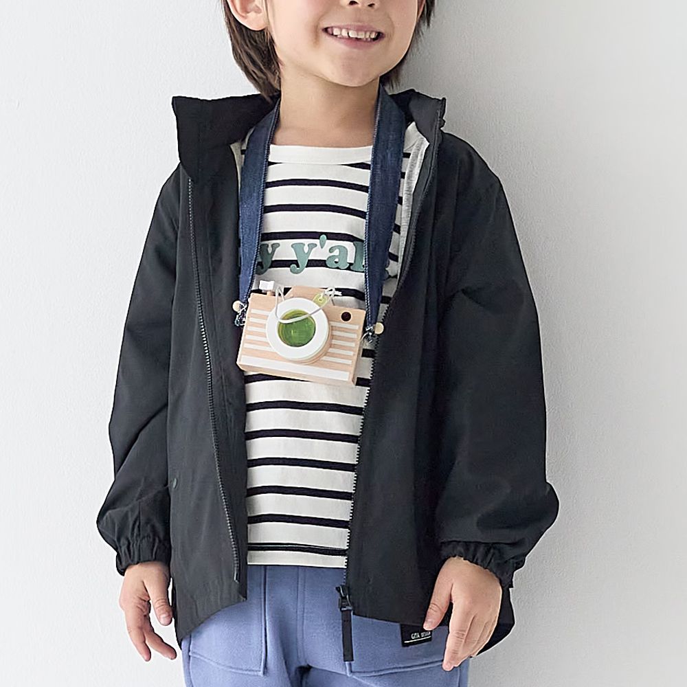 GITA 內裡純棉連帽防風外套(帽可收納)-素色-黑