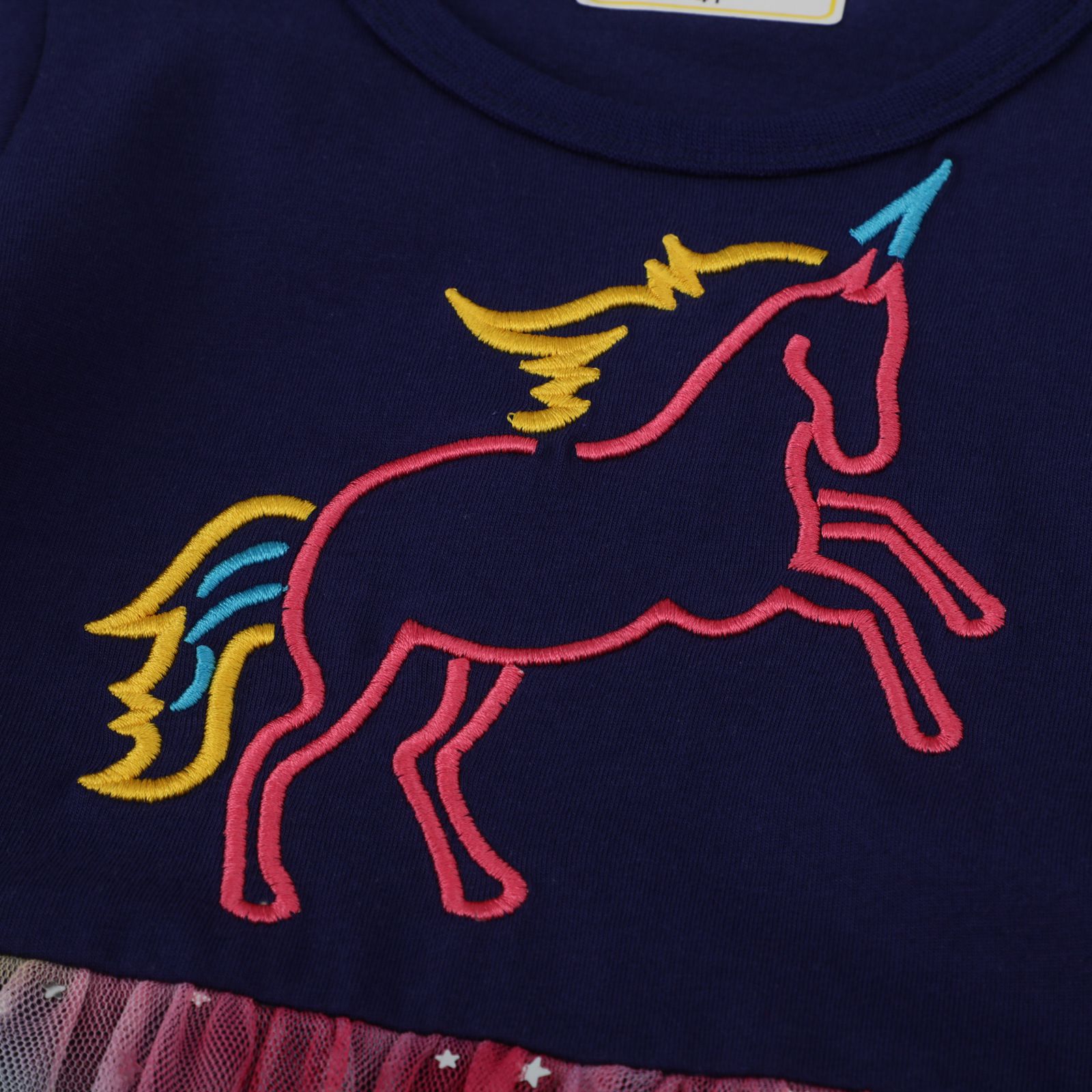 Jumping meters - 棉質圓領長袖連身網紗洋裝-獨角獸幻影-深藍+粉紅