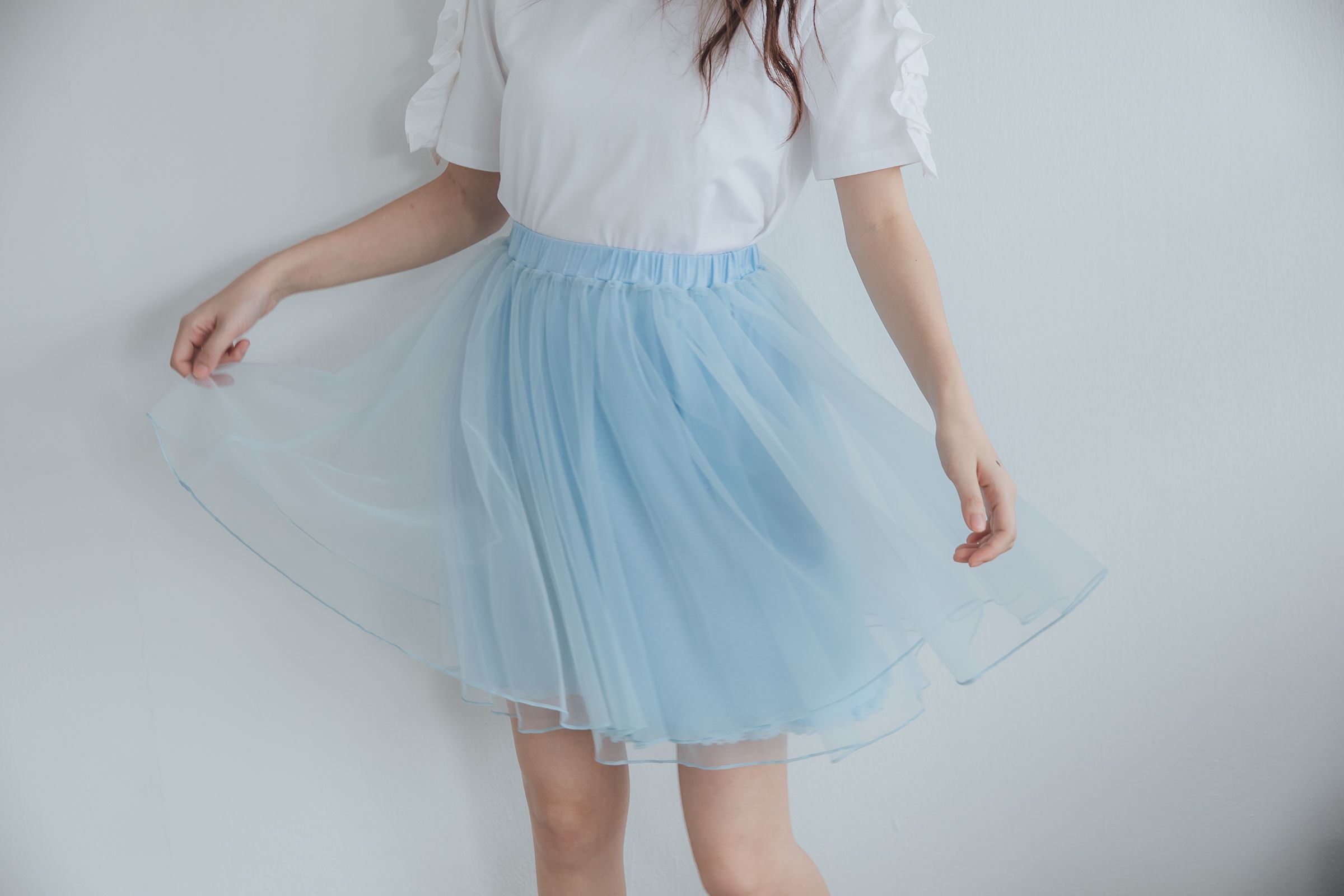 Peachy - 獨家訂製綿柔空氣紗裙-短裙款-Elsa冰藍 (F)