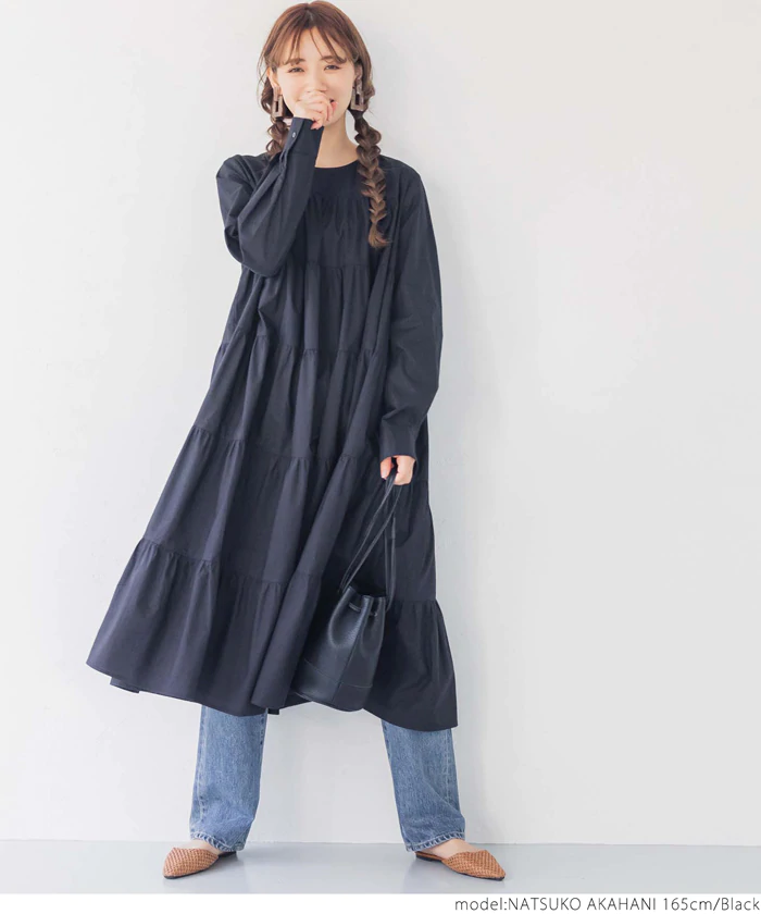 日本 COCA - 純棉氣質超寬鬆A字蛋糕層次長袖洋裝-紫