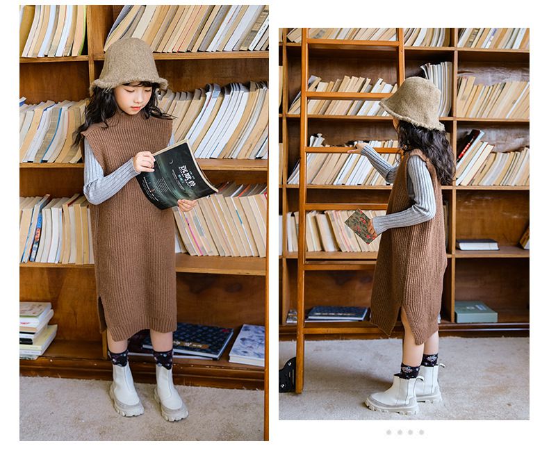森林系半高領針織背心連身裙-咖啡色