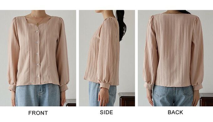 日本 BLUE EAST - 甜美心型領線條紋理長袖襯衫-白