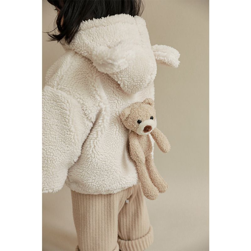 加厚連帽羊羔絨兒童造型外套-熊熊耳朵-米白色