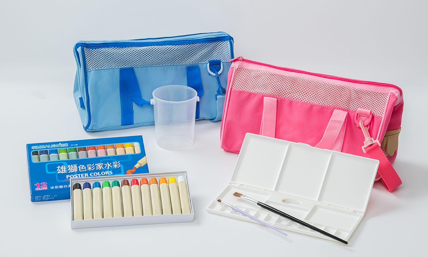 雄獅 SIMBALION - 12色水彩手提袋組-手提袋(1個,顏色隨機)+塑管水彩(12色,12ml/色)+調色盤(1個)+水彩筆(大小各1支)+筆洗桶(1個)