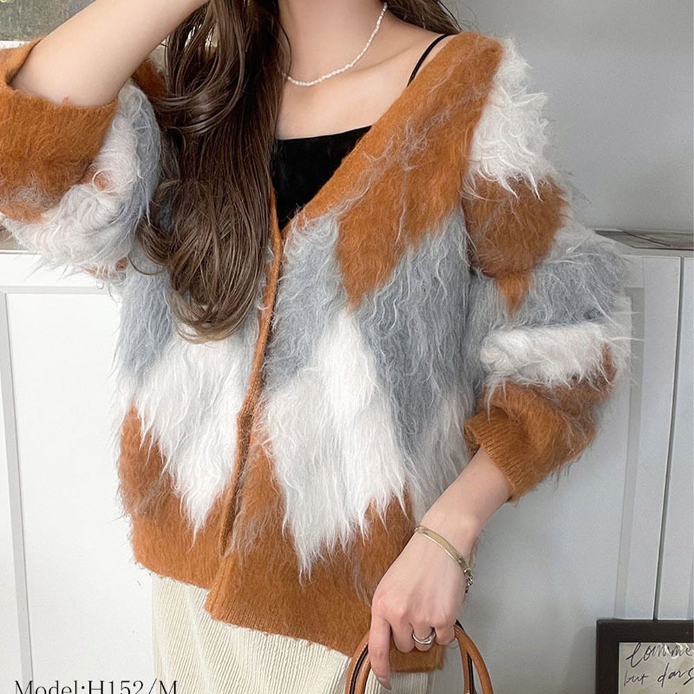 浪漫毛海菱格針織開襟衫-橘棕系