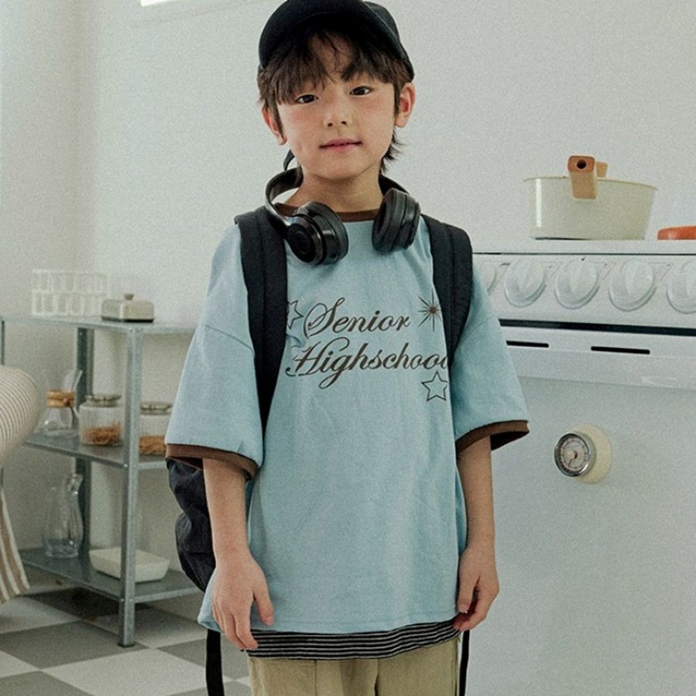 W.S.B. 純棉短袖上衣-潮流星星文字-灰藍